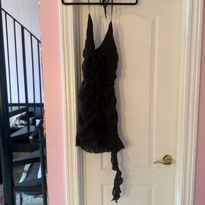 Astr Black Textured Ruffle Asymmetrical Dress Halter Tie Neck